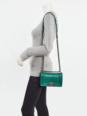 Chanel Green Quilted Lambskin Leather Small Boy Bag